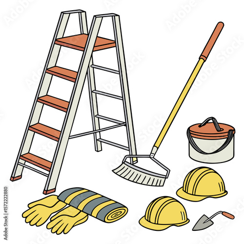 Ladder gloves rake hard hats paint bucket trowel vector