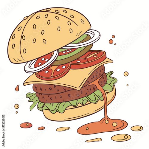 Juicy burger with dripping sauce and scattered droplets hamburger fast food
