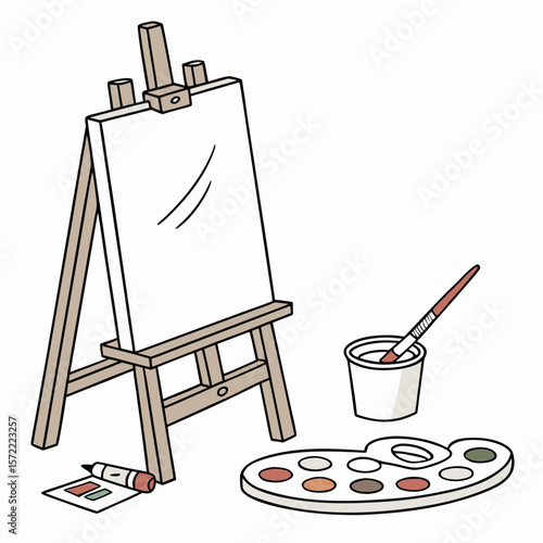 Easel with paint palette brush and tube painting canvas