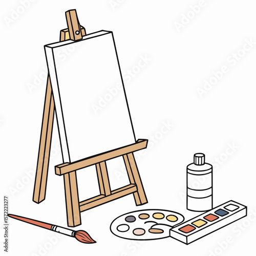 Wooden easel with art supplies canvas paintbrush