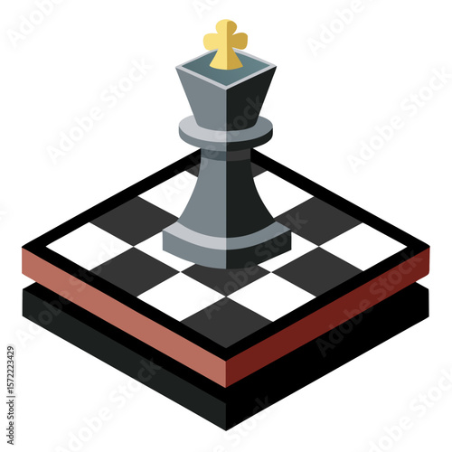 Isometric chess king on checkered board with geometric base piece game