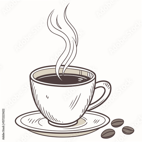 Steaming Coffee Cup with Beans saucer
