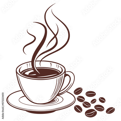 Steaming coffee cup with scattered beans saucer coffee beans