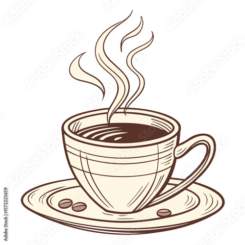 Steaming coffee cup with beans on saucer hot drink coffee beans