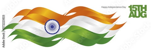 India Happy Independence Day 15th of August banner.  India abstract flag ribbon background with bold typography lettering message 15th of August
