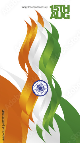 15th of August India Independence Day banner poster and greeting card. Bold typography lettering message 15th of August. India abstract flag ribbon background