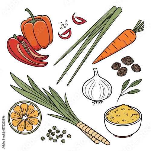 Orange bell peppers red chili peppers carrot lemongrass garlic spices vector