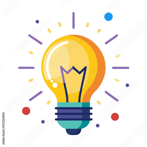 Bright yellow lightbulb with purple lines and colorful dots idea innovation
