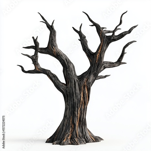 Old dead tree trunk, scary spooky decoration, isolated white