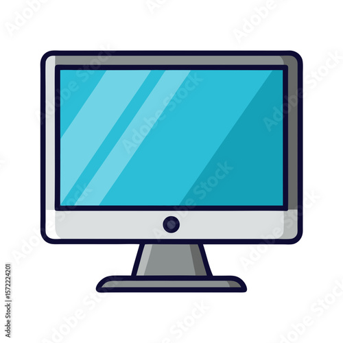 Flat screen computer monitor with blue display and gray stand technology