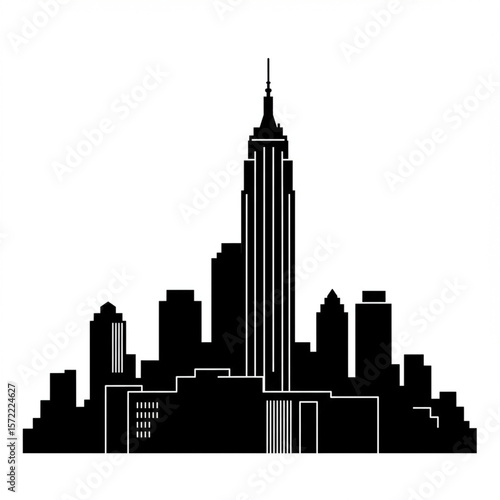 Abstract vector cityscape of a New York City skyline silhouette with iconic urban buildings and skyscrapers