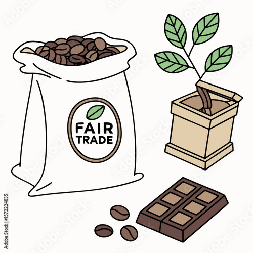 Fair trade coffee beans chocolate and plant chocolate bar coffee plant