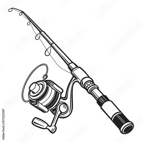 Fishing rod and reel black and white illustration tackle sport