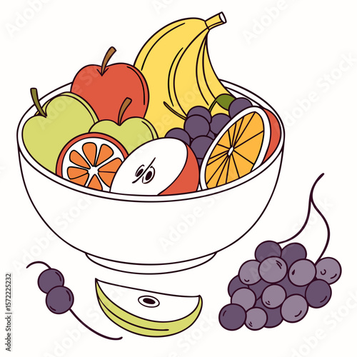 Colorful fruit assortment in a white bowl with grapes fruit bowl apples