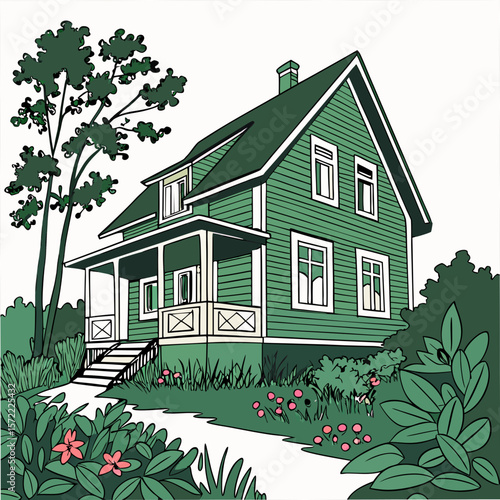 Green house with porch and garden windows chimney