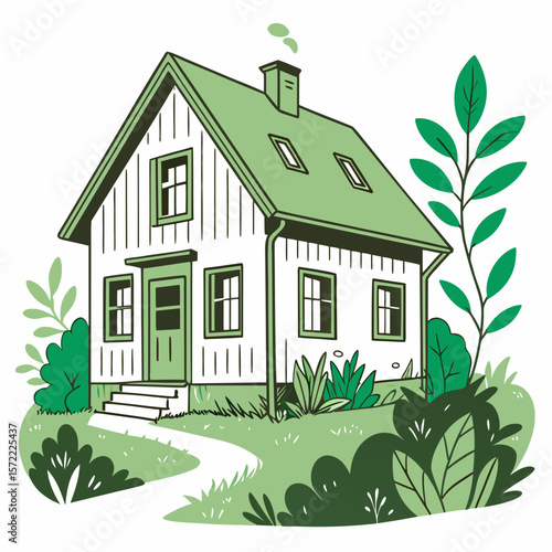 Green house surrounded by lush foliage nature plants