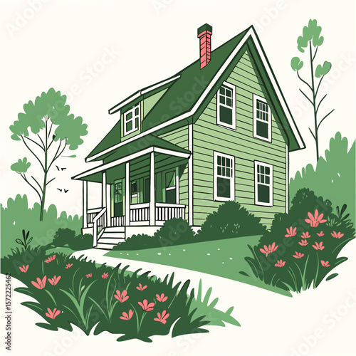 Green house with porch and flowers trees nature