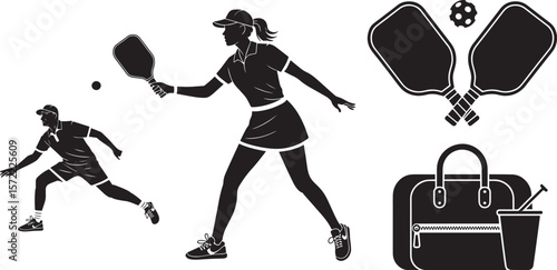 Pickleball sport with female player male athlete paddle ball and court bag icon vector