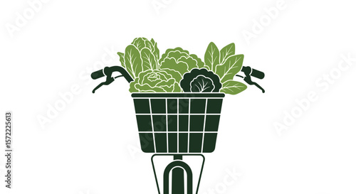 Bicycle basket full of green vegetables flat illustration