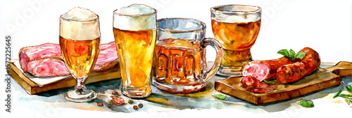 Vector illustration of beer glasses with sausage and cheese on white background. Beer fest banner, Watercolor painting.