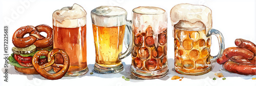 Vector illustration of beer glasses with sausage and cheese on white background. Beer fest banner, Watercolor painting.