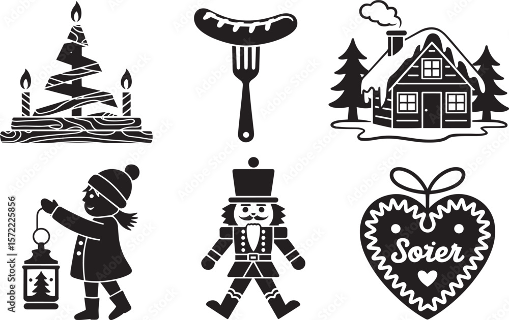 Naklejka premium German Christmas icons with sausage candle toy house child and heart cookie vector