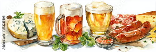 Vector illustration of beer glasses with sausage and cheese on white background. Beer fest banner, Watercolor painting.