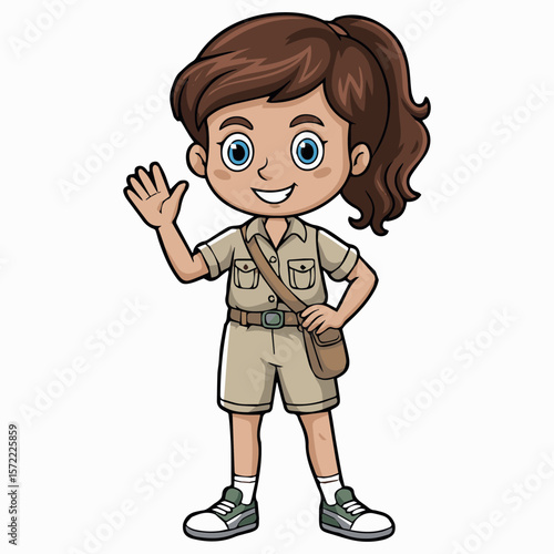 Illustration of a happy cartoon girl explorer in safari outfit waving her hand with a friendly smile