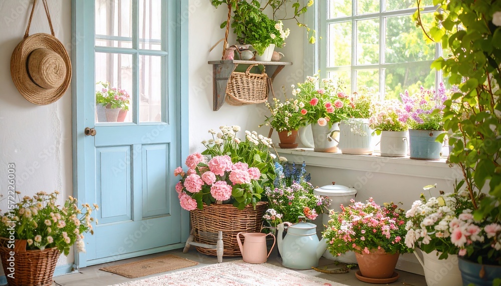 Fototapeta premium Serene Sunlit Porch Filled with Blooming Flowers