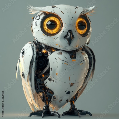 Charming owl robot, a robotic bird isolated against a gray background, bringing a creative and playful touch, Generative AI