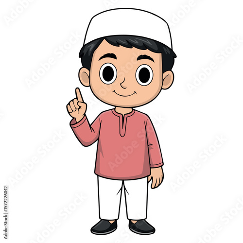Illustration of muslim boy in traditional clothing pointing upward for islamic education resource design