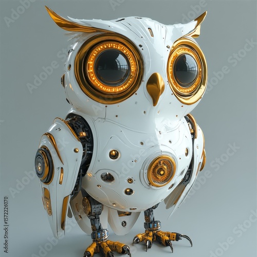 Charming owl robot, a robotic bird isolated against a gray background, bringing a creative and playful touch, Generative AI