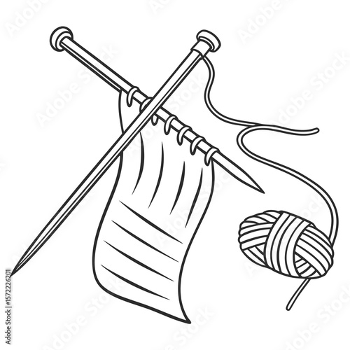 Knitting needles with yarn and fabric wool