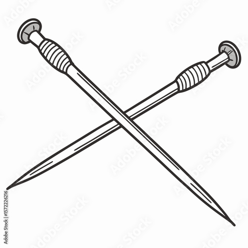 Crossed knitting needles with ribbed handles and pointed tips craft