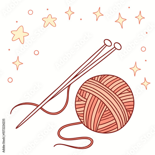 Knitting needles and yarn ball with sparkling stars wool