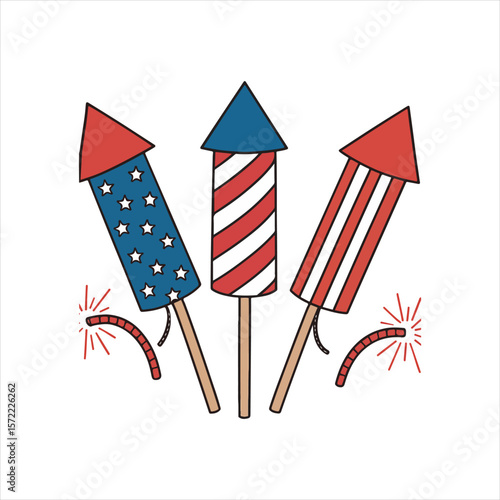 Colorful cartoon firework rockets featuring american flag designs with stars, stripes, and glowing lit fuses for patriotic celebrations