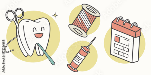 Happy cartoon tooth with dental tools and calendar isolated on white background