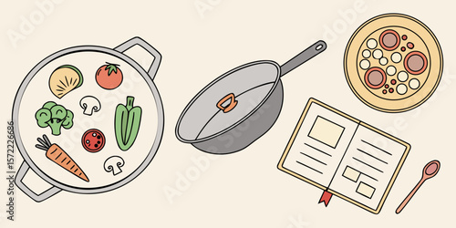 Cooking ingredients in a pot with a frying pan and recipe book isolated on white background