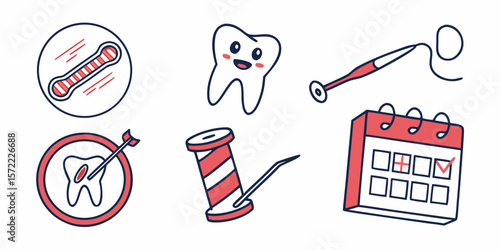 Cute dental care icons including tooth thermometer target and calendar isolated on white background
