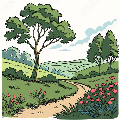 Lush green landscape with winding path and blooming flowers nature trees