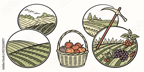 Farm harvest scenes and fruit basket isolated on white background