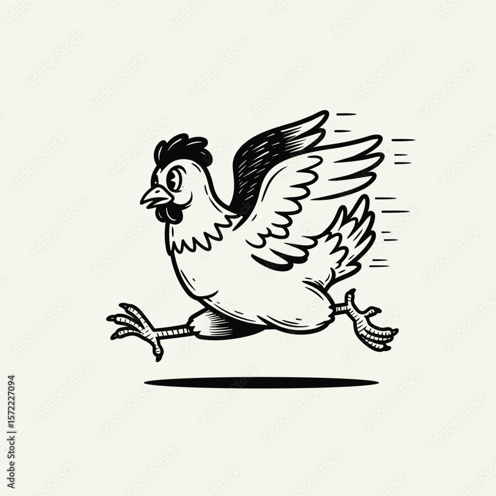 Fototapeta premium A determined chicken dashes forward with wings flapping, as if attempting to take flight, portrayed in bold black-and-white line art.
