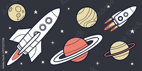 Space rocket vector illustration showing a space shuttle launch with cartoon spaceship flying in the universe among stars and planets