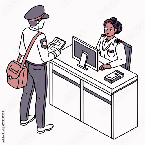 Officer checking documents at border control desk computer
