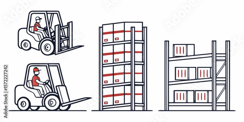 Forklift Truck and Warehouse Equipment Icon Set for Industrial and Construction Use