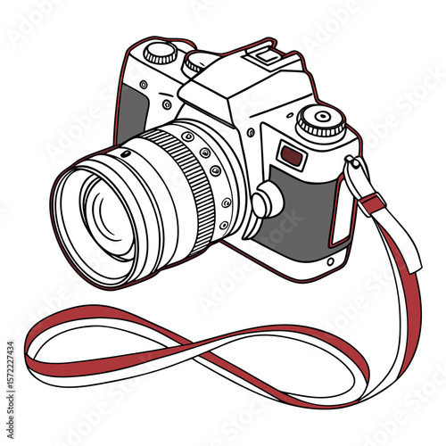 Modern digital camera with red strap and lens photography dslr