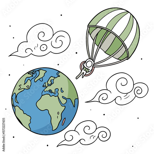 Planet earth with parachutist and clouds globe world