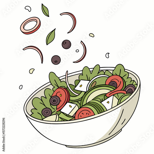 Fresh salad with flying ingredients on white background bowl healthy