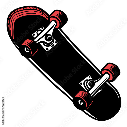 Black skateboard with red wheels on white background sports