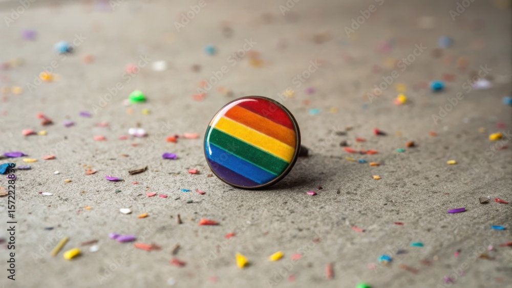 Obraz premium A colorful rainbow pin rests on a textured surface surrounded by scattered confetti, symbolizing pride and celebration.